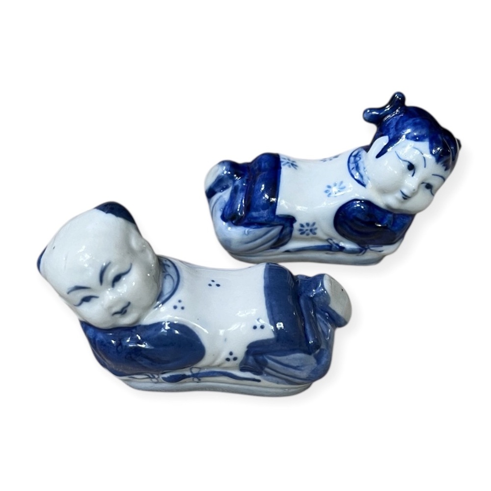 Vintage Chinese Porcelain Pillow Man Woman Chopstick Rests, Set of 2
